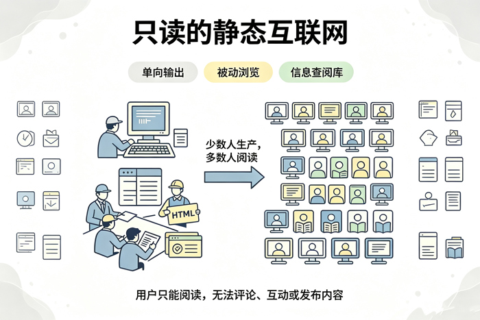 只读的静态互联网,少数人生产多数人阅读示意图